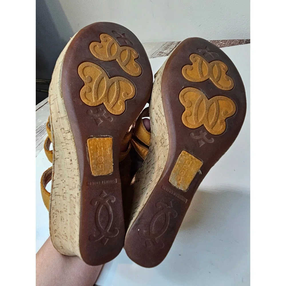 Born Mustard Yellow color Leather Cork Strappy Wedge Sandals Womens 8